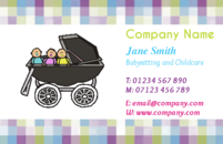 A pretty chequered business card template picturing three babies in a pram. This design would be something a babysitter or someone in childcare would like on their cards.