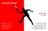 The man with playing with a racket on this business card design will be ideal for a tennis or squash instructor.