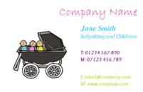 Childcare business card templates. Can be used by Babysitters or people in childcare. This business card contains a pram with a few children sat in it!